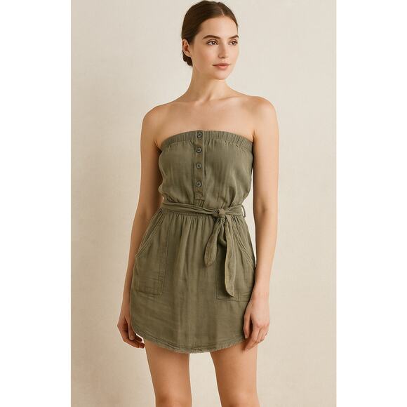 Cloth & Stone Belted Strapless Mini Dress Olive Green Small Boho Earthy Fall - Picture 1 of 6